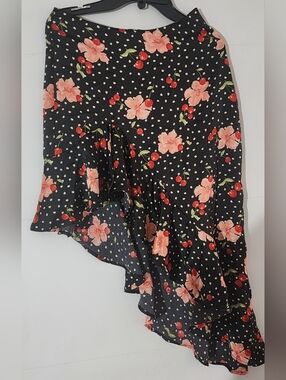 Forever 21 Black Asymmetrical Ruffle Skirt with Pink Floral and Red Cherry Print